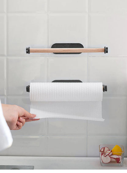 Self-Adhesive Wall-Mounted Towel and Paper Roll Holder - Modern Bamboo & ABS Design for Kitchen and Bathroom