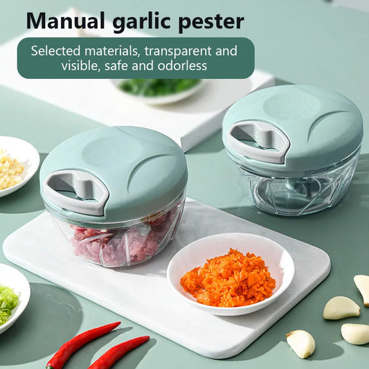 Manual Garlic Pester & Food Chopper - Multifunctional Hand-Pull Vegetable Dicer and Meat Grinder