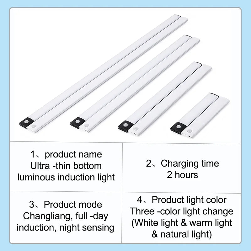 Ultra-Thin Wireless Motion Sensor LED Light - Rechargeable Induction Lamp for Closet, Cabinet, and Home Use (10/20/30/40/60CM)